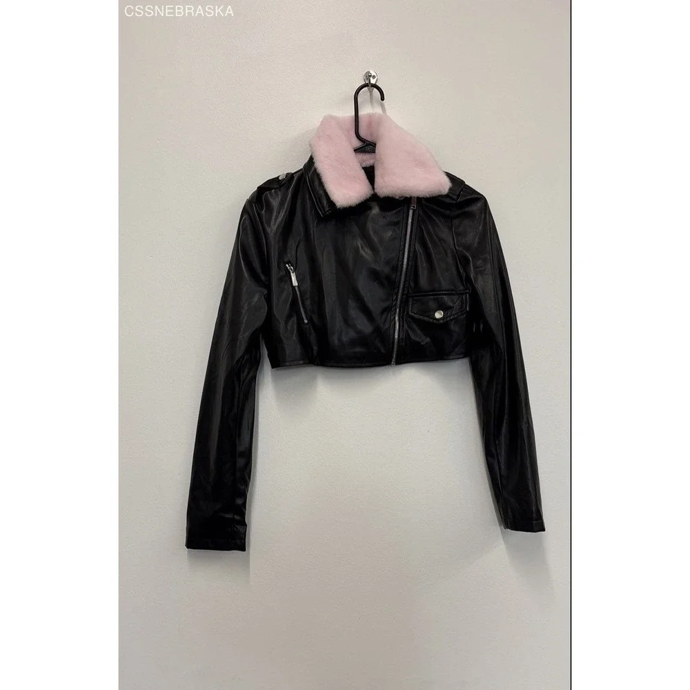 Forever 21 Pink/Black Women's Faux Fur-Trim Cropped Moto Jacket‎ - Size S